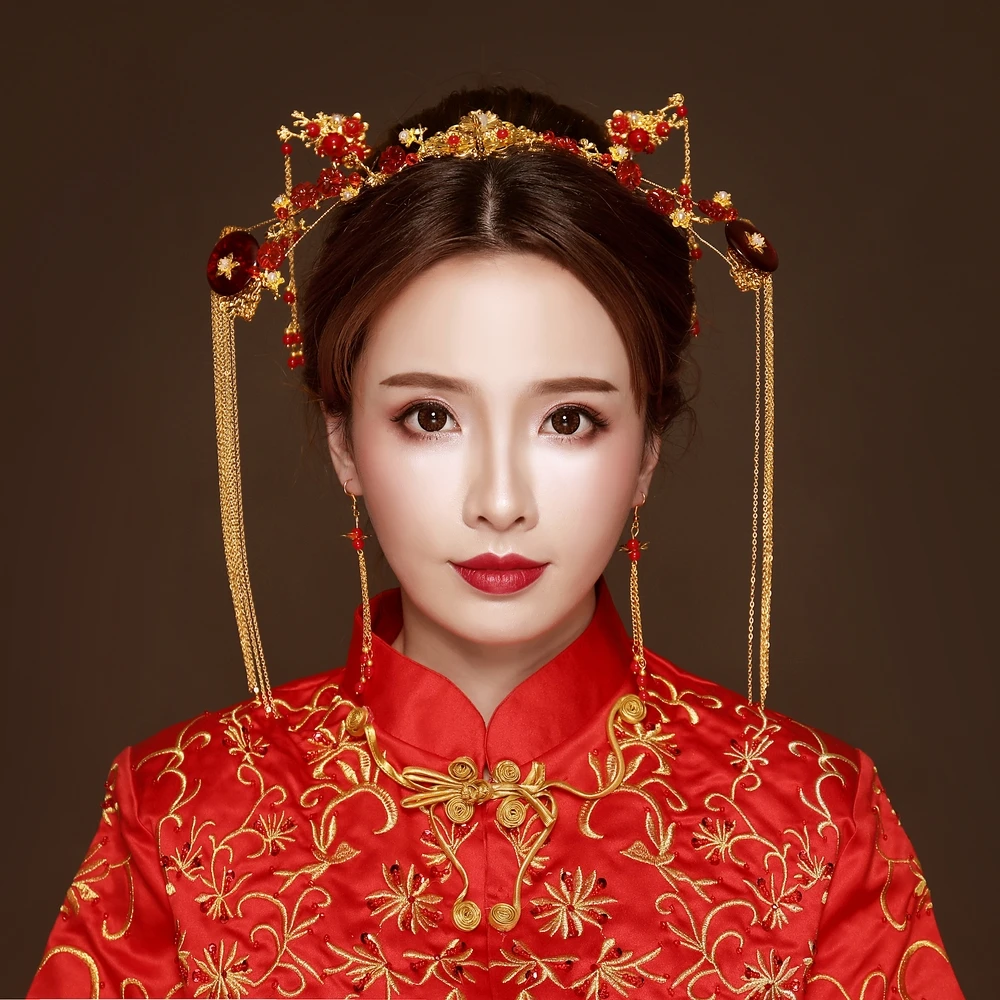 

Wedding Hair Jewelry Set Traditional Chinese Women Headdress Ornament Long Chain Tassel Step Shake Headband Bridal Hair Sticks