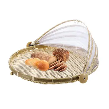 

Picnic basket with gauze Fruit basket Hand woven Bug-Proof Dust basket Sun Handmade bread basket for fruit and vegetables