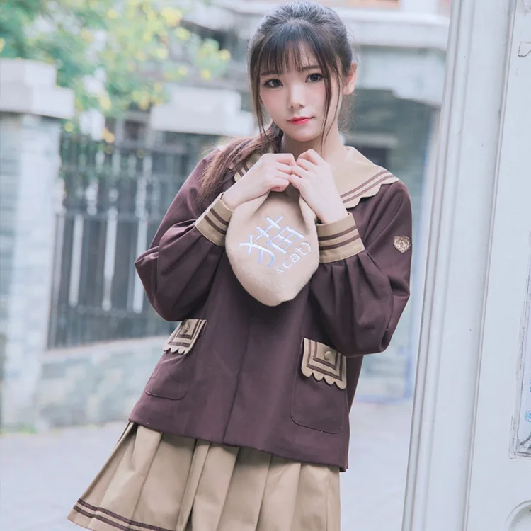 

Macha or Chocolate Cookies Japanese Student JK Uniform Set: Long Sleeve Sailor Collar Blouse & Bow + Pleated Skirt Preppy Style