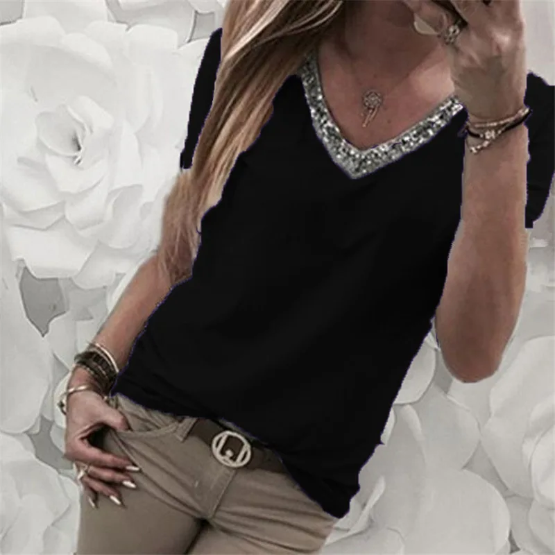 Sequined T-shirts Women T Shirts Short Sleeve Plus Size 4XL 5XL Summer Top V Neck Casual TShirt Femme Tees Camiseta Feminista Sequined T-shirts Women T Shirts Short Sleeve Plus Size 4XL 5XL Summer Top V Neck Casual TShirt Femme Tees Camiseta Feminista