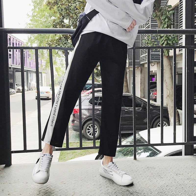 Men's trousers 2019 spring and summer nine pants loose stitching straight printing travel leisure trend youth men's clothing