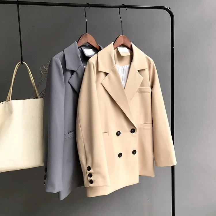 Autumn Loose Solid Blazer Casual Notched Women Short Blazer Coat Elegant Office Lady Double Breasted Long Suit Jacket Blazers