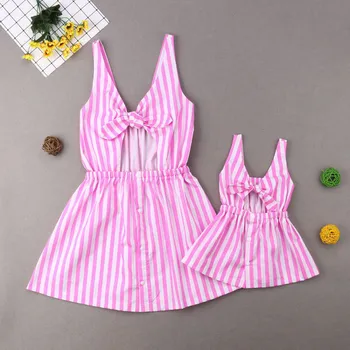 

Family Matching Outfits Mother Daughter Dress Women Toddler Kid Baby Girls Summer Striped Sleeveless Bow Sundress Girl Clothes