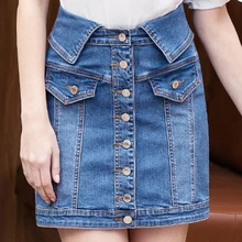 Высокая Талия Мини юбки с карандашом Для женщин большой размер ковбойский юбка Новые поступления одной кнопки Карманы цвет: черный, синий джинсовая юбка