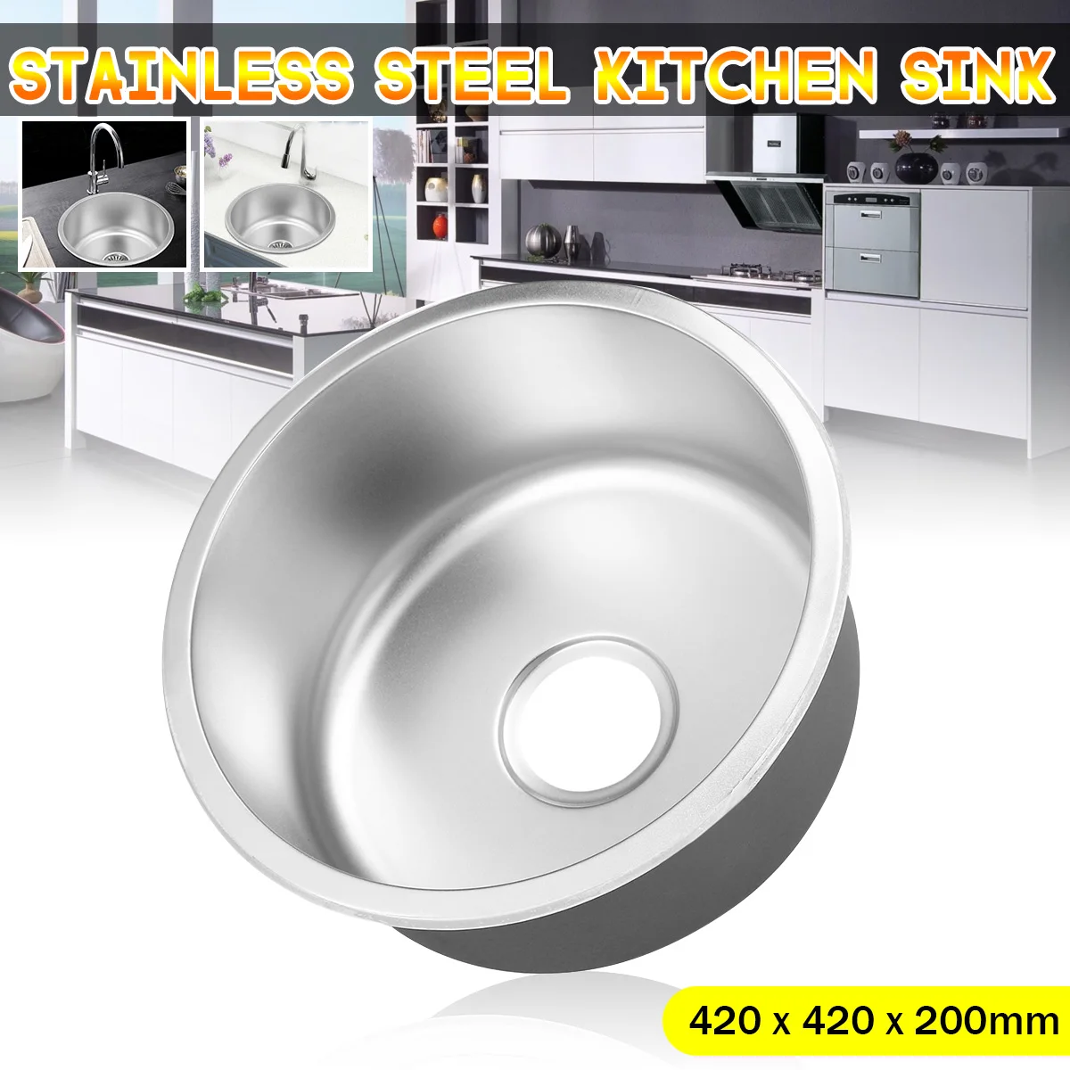 

Xueqin Stainless Steel Round Type Deep Kitchen Basin Under/Topmount Laundry Bathroom Single Round Bowl Wash Sink 420x420x200mm