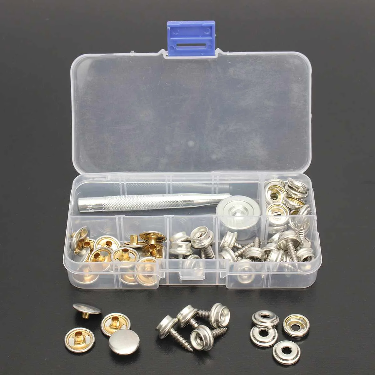 

62pcs/Set Stainless Steel Press Studs Screw Bases Snap Kit Fasteners Leather Fittings Kit Camping Tent Metal Buckles Buttons