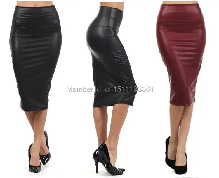 

free shipping women office skirt high-waist faux leather pencil skirt black sexy elastic below knee skirt 10 colors XS/S/M/L/XL