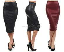 free shipping women office skirt high waist faux leather pencil skirt black sexy elastic below knee