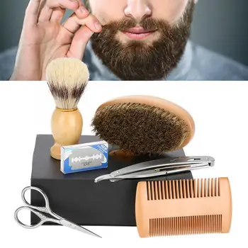 

6pc Beard Care Kit Beard Brush + Shaving Brush + Comb + Scissor + Shaving Razor + Shave Blades Moustache Grooming & Trimming Kit