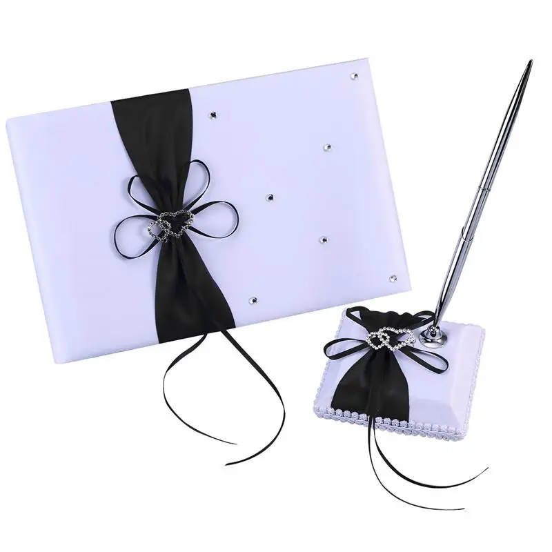 

Weddings Decor Guest Attendance Book with Pen and Pen Stand Sets Satin Bows Signature Book for Party Decorations (Black)