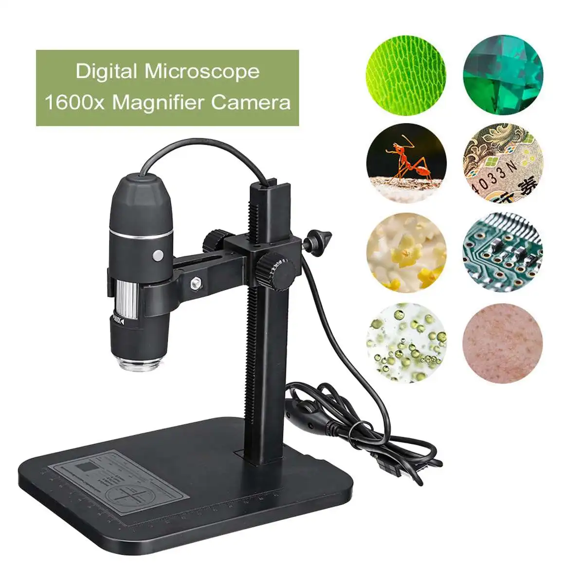

USB Digital Microscope 1600X 8LED Handheld Electron Microscope with Measuring Ruler Bracket