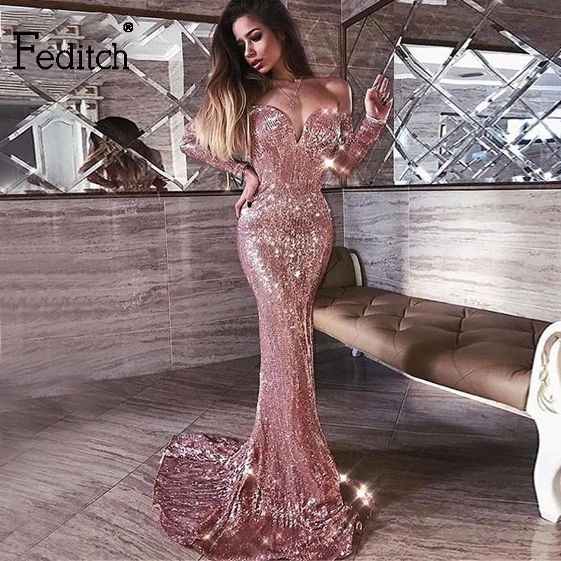 

Feditch 2019 Mermaid Dress Sexy V Neck Strap Elegent Sequin night Dress Female Longuette Long Maxi Dresses Party Vestidos
