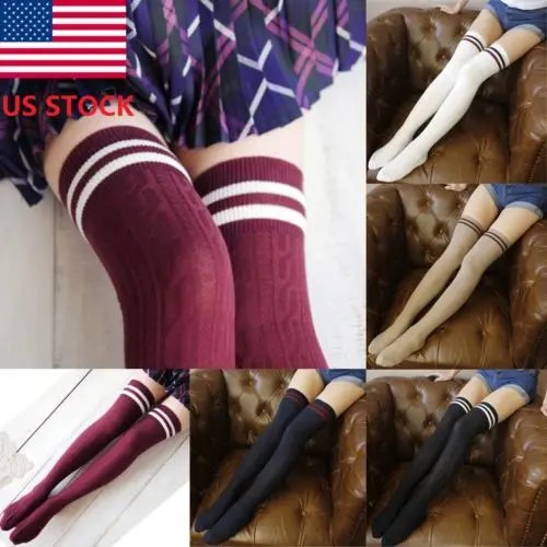 

Sexy Knee Socks Long Red White Black Navy Blue Khaki Cotton Striped Long Socks Casual Breathable Ladies High Overknee Socks 2019