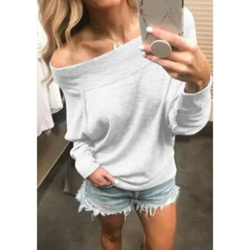  Womens Hoodies Fashion Long Sleeve Solid Color Off The Shoulder Loose Tops Sweatshirt Ladies Jumper