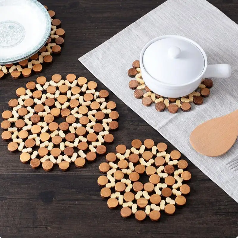

16/21cm Desk Table Mats Round Bamboo Placemat Insulation Pads Against Hot Coasters Hollow Wooden Pot Cup Mat Kitchen Accessories