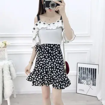 

MISSKY Women Summer Skirt Casual All-match Printing High Waist Chiffon Ruffle A-line Skirt Female Clothes