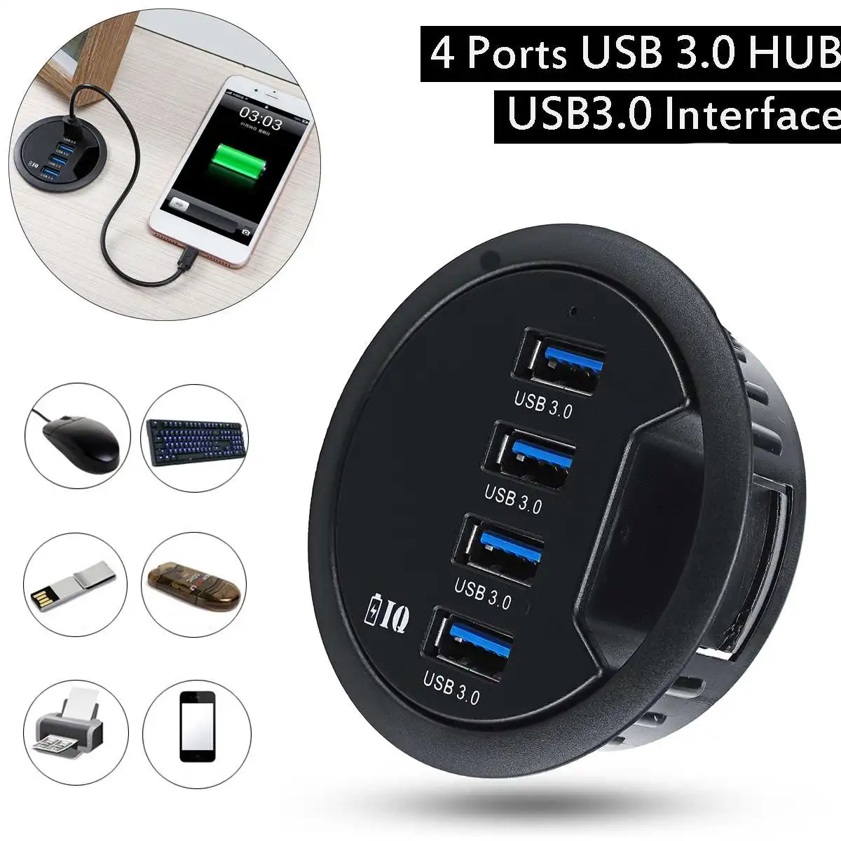 

Device Charging Mount In Desk 4-Port USB 3.0 HUB Adapter Phone Rechargeable Combo Transfers Data Readable Data Cable for Macbook