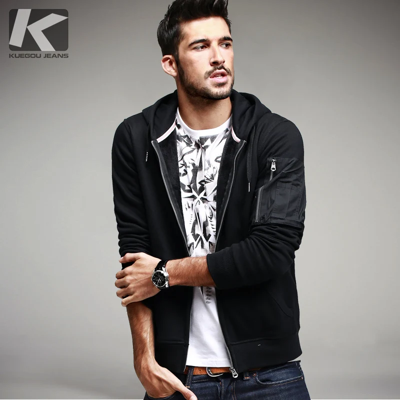 

KUEGOU Autumn Mens Casual Hoodies Thick Zipper Patchwork Black Brand Clothing For Man's Slim Hooded Clothes Male Tracksuits 6129
