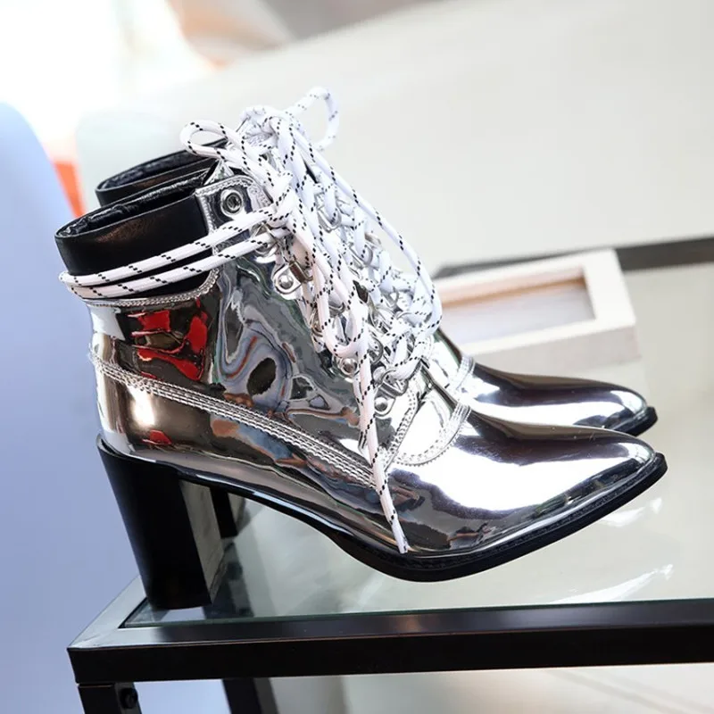 

Botines Mujer 2019 Mirror Effect Silver Bronze Leather Booties Block High Heels Patent Leather Pointed Toe Lace Up Ankle Boots