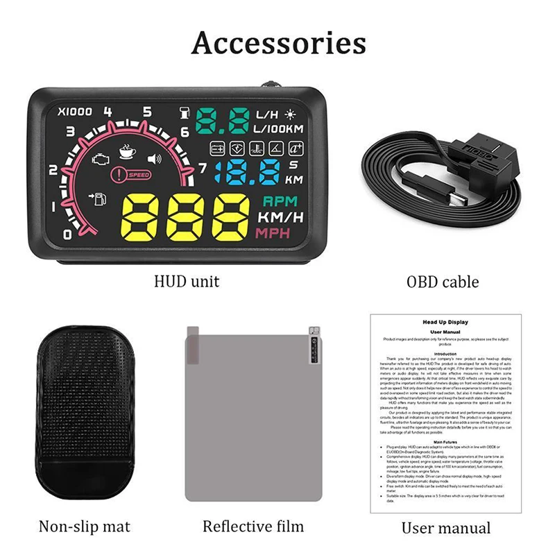 

5.5 Car Vehicle HUD Head Up EU-OBD OBD II Speed KM/h MPH RPM Display System Set