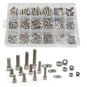 

345PCS M5/M6/M8 Stainless Steel Cylinder Round Head Hexagon Screw Locknut Nut Bolt Washer Assortment Kit
