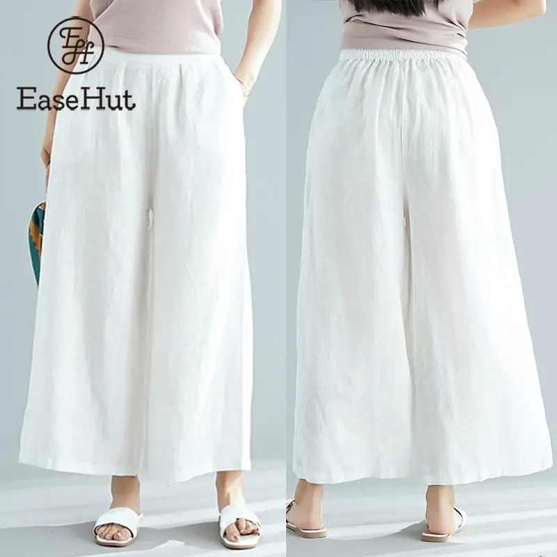 

EaseHut Plus Size Wide Leg Pants Women 2019 Summer Elastic Waist Pockets Casual Loose Cotton Linen Long Trousers pantalon femme