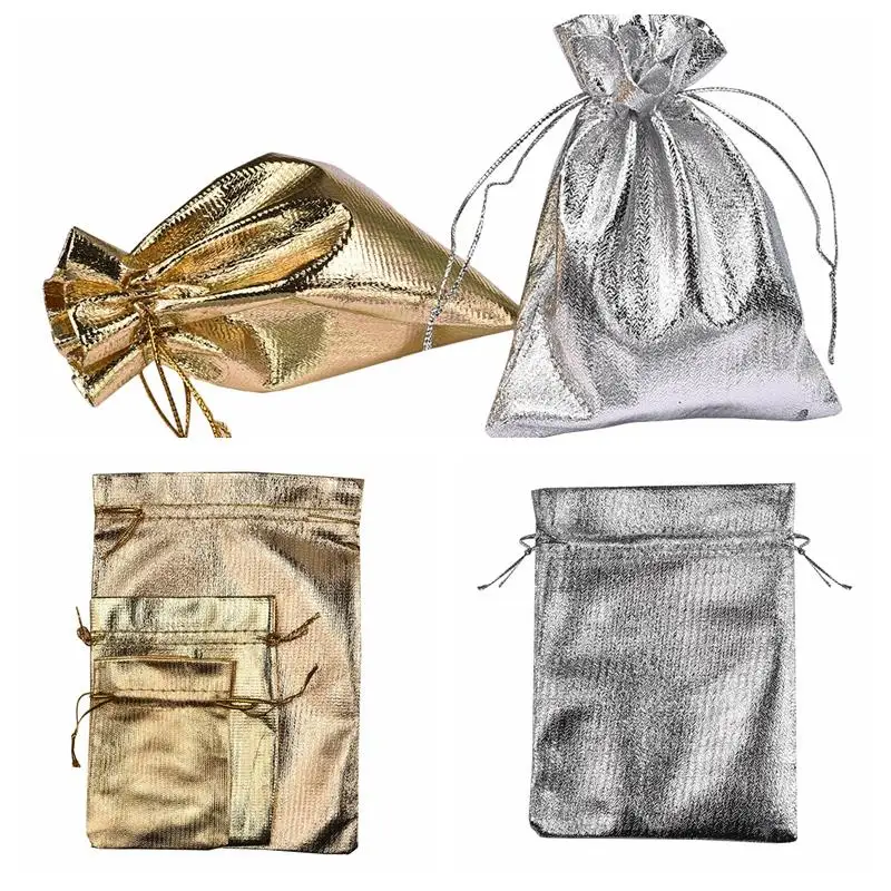 #*Cheap 10Pcs Lot 7x9 9x12 13x18cm Shining Jewelry Bag Packing Organza Bags Decoration Drawable Bags Gift Pouches Silver Gold