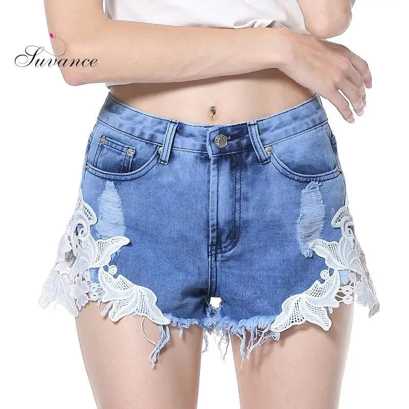 Suvance Summer Empire Waist Lace Stitching Bohemia Holes Denim Cotton