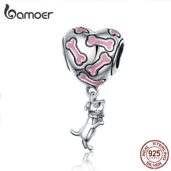 

BAMOER Dog Charm Jewelry 925 Sterling Silver Pink Enamel Bone Pet Puppy Animal Heart Charm fit Brand Women Bracelet SCC1199
