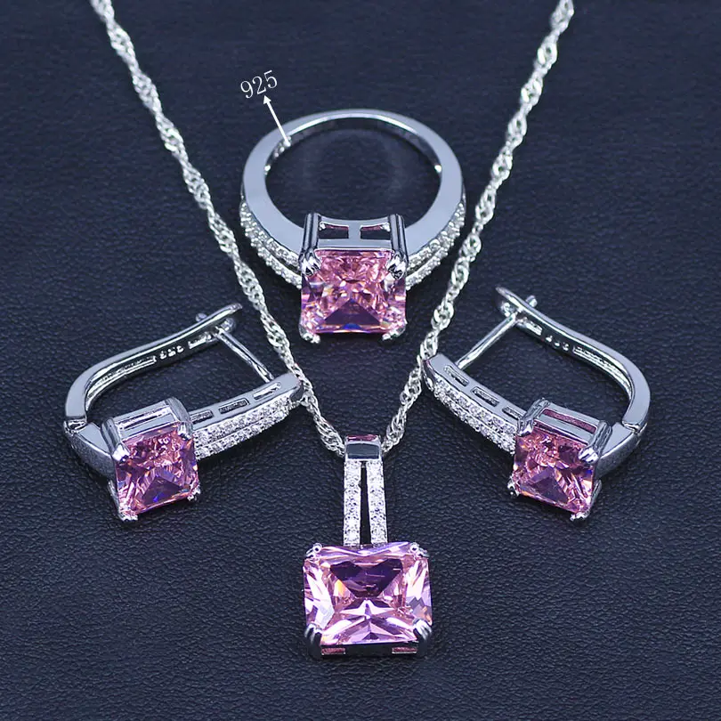 

Bridal 925 Sterling Silver Jewelry Sets Pink Zirconia Stone Earrings For Women Wedding Jewelry With Ring Pendant Necklace Set