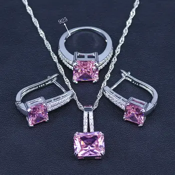 

Bridal Silver Color Jewelry Sets Pink Zirconia Stone Earrings For Women Wedding Jewelry With Ring Pendant Necklace Set