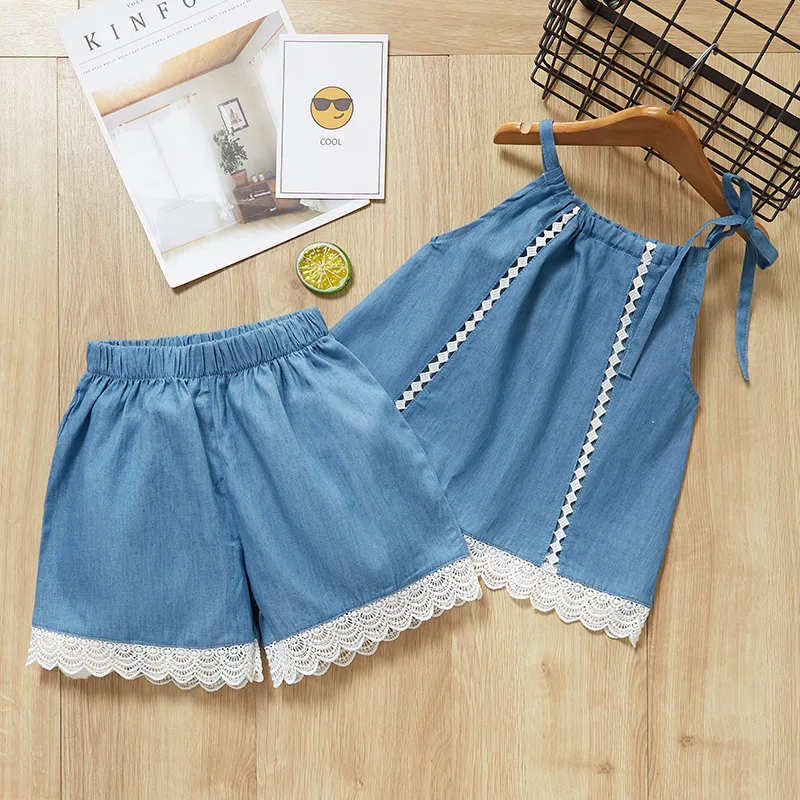 

Girl Summer Suit Lace Camisole Cowboy Shorts Twinset Thin Cotton Children's Garment Kids Clothes New Children Clothing Set