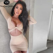 NewAsia 2 ชั้น Hollow Out เซ็กซี่ชุดผู้หญิง 2019 ลึก V คอยาวแขนยาว Ruched Bodycon ฤดูใบไม้ร่วง Beige ดินสอชุด(China)