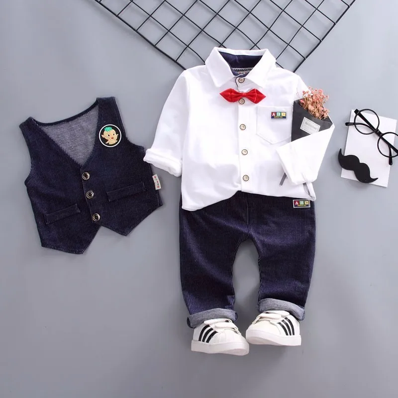 

New Spring Autumn Baby Boy Gentleman Clothes Toddler Vest Shirt Long Pants Tie 3pcs/Set Infant Clothing Leisure Suit