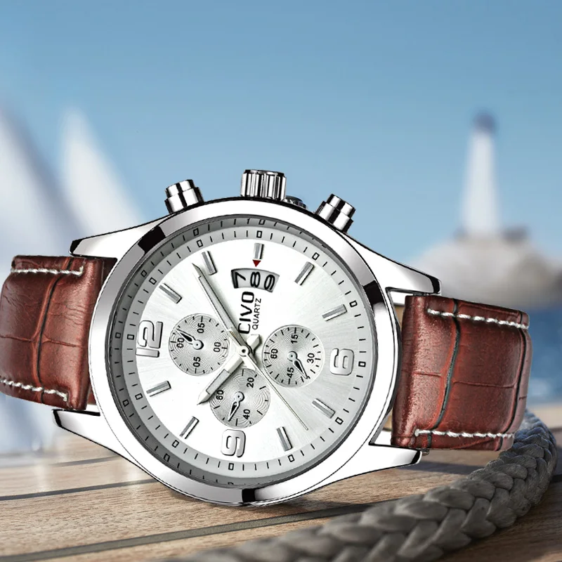 

CIVO Brown Genuine Leather Men's Sports Watch Waterproof Quartz Wrist Watches Calendar Analogue Business Watch Relogio Masculino