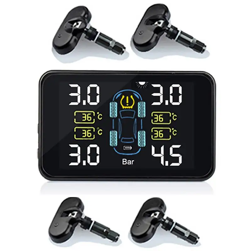 

TPMS Built-in External Sensors Solar Charging Automatic Power Adjustable Temperature Pressure Unit With 4 Sensors For All Car