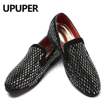 

UPUPER Fashion Bling Rhinestone Men's Casual Shoes Comfortable Slip-on Loafers Shoes For Men Party Barber Black Plus Size 38-48