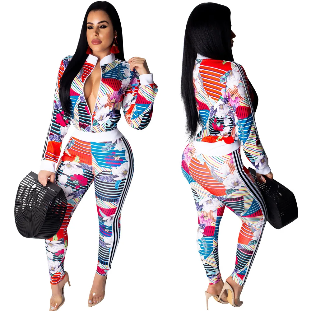 

Women 2 Piece Women Set Full Sleeve Spring Zipper Short tops jacket And Casual Pencil Pants Multicolor Print tracksuit Outfit