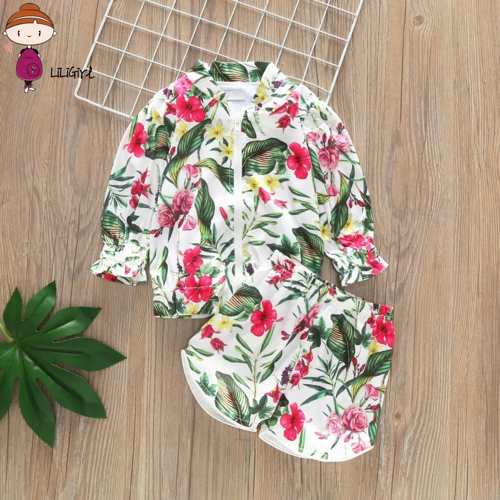 

Kids Girls Toddler clothes Zipper long sleeve T-shirts pocket Floral print Shorts 2pc Summer Clothes Set