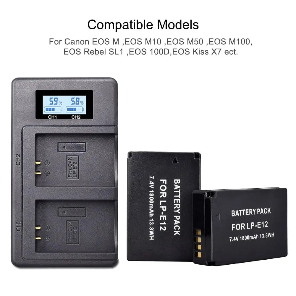 

Digital LCD Charger Set 1800mAh LP-E12 LPE12 LP E12 Camera Charging Battery USB Charger For Canon EOS M EOS M10 EOS M50 Set