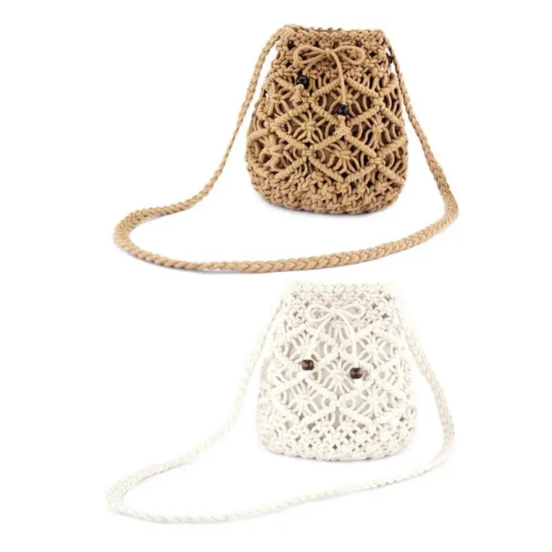

Sweet Woven Square Shoulder Drawstring Bucket Handbags Women Bohemia Purely Hand-made Casual Drawstring Crossbody Beach Bags