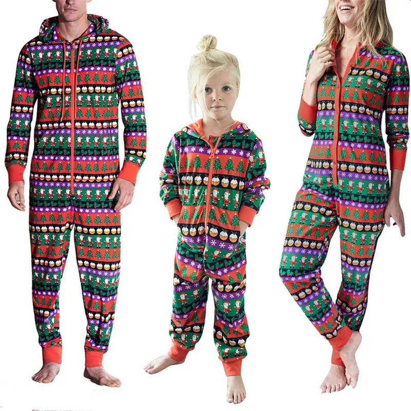Toponly Family Christmas Pajamas Set Hoooded Striped Romper Jumpsuit Family Clothes