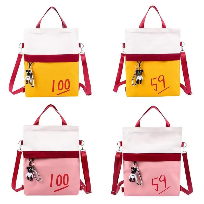 

Yellow/Pink 4 Types Scores Print Bear Pendant Women Canvas Backpacks School Shoulder Bags Girl Travel Crossbody Mochila Mujer