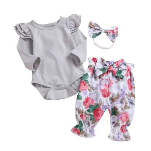 

Newborn Kid Baby Girl Spring And Autumn Long Sleeve Cotton Clothes Set Pure Color Ruffle Romper Top+Floral Long Pants 3pc Outfit