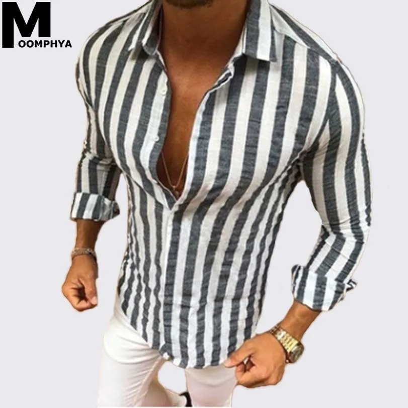 Moomphya 2019 New Stylish Printed stripes men shirt Classical modis long sleeve shirt men Streetwear striped camisa masculina