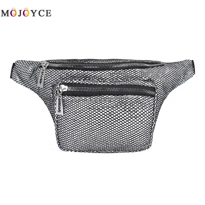 Mesh Waist Bags Women PU Leather Glitter Chest Belt Packs Phone Pouch