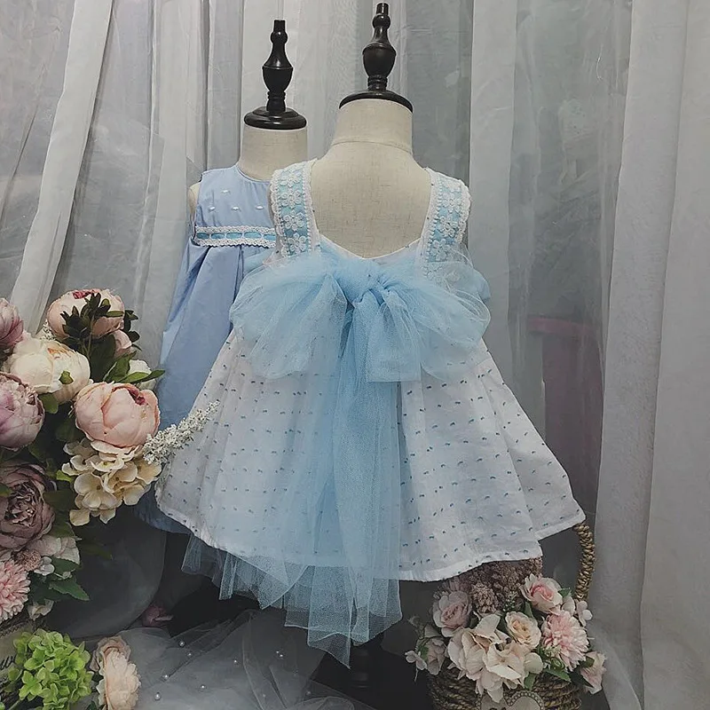 

Children Boutique Clothing Girl Summer Spanish Dresses Baby Princess White Cotton Frocks with Big Blue Bow Toddler Infant Dress