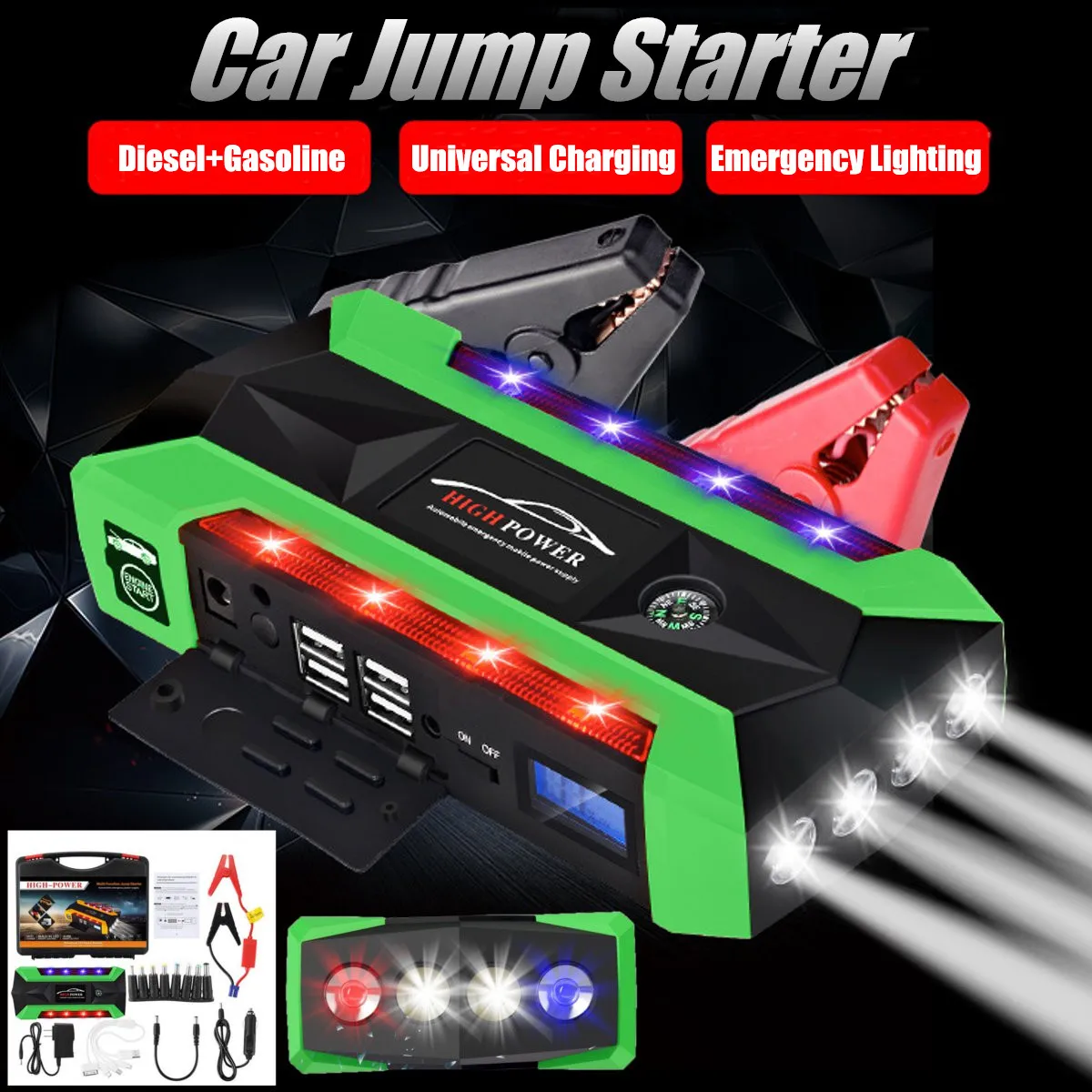 

US/UK/AU/EU Multi-Function Portable Emergency Battery Charger Car Jump Starter 4 Lamp USB 89800mAh Power Bank Starting Device