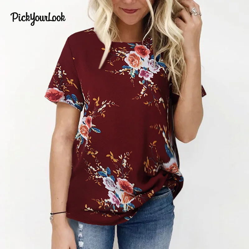 

PYL Women Tshirt Floral Print Female Tops Tee Short Sleeve O Neck Women T-Shirt And Top Summer Fashion Lady T Shirt A30