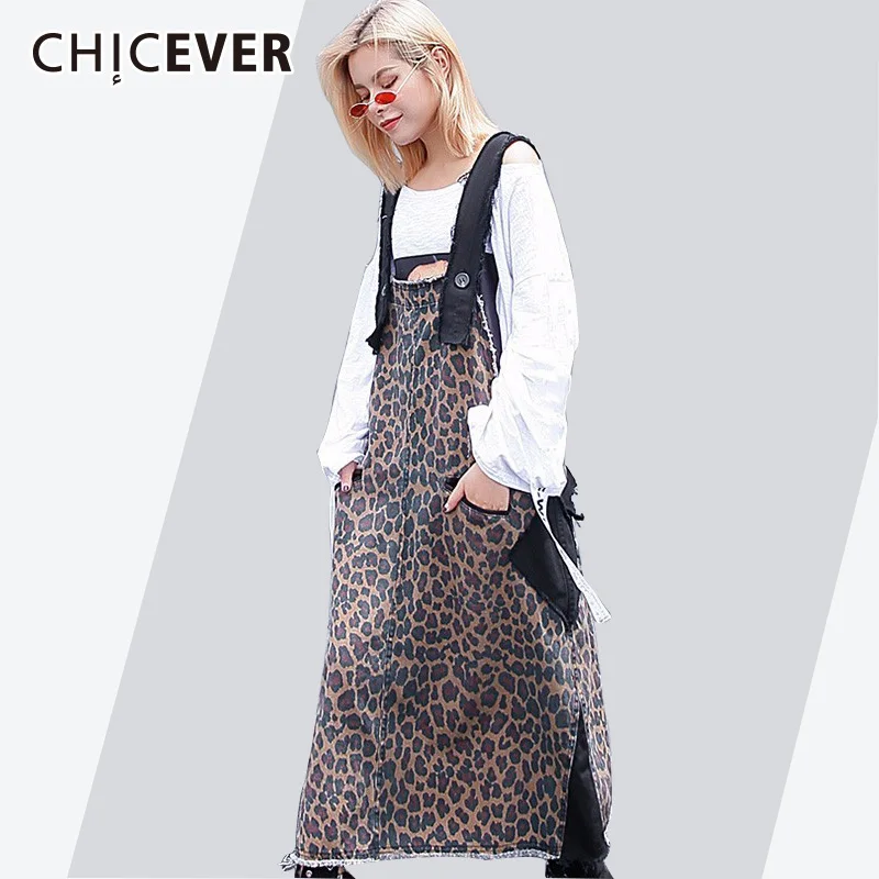 

CHICEVER Dresses For Women Loose Oversize Sleeveless Leopard Hit Colors Summer Long Strap Dress Female 2018 Fashion Tide New